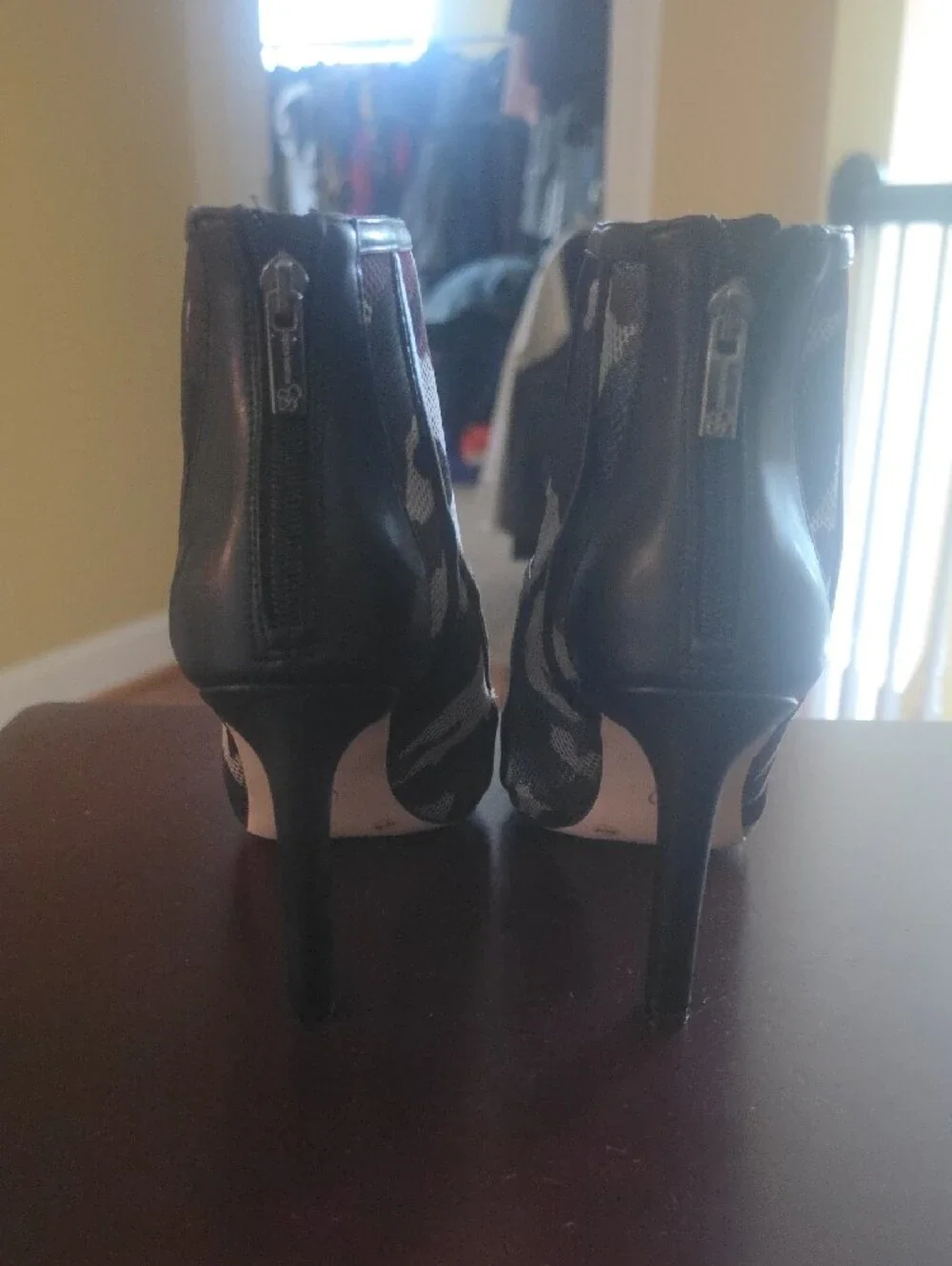 Jessica Simpson Black and White Mesh Camo Open-Toe Booties